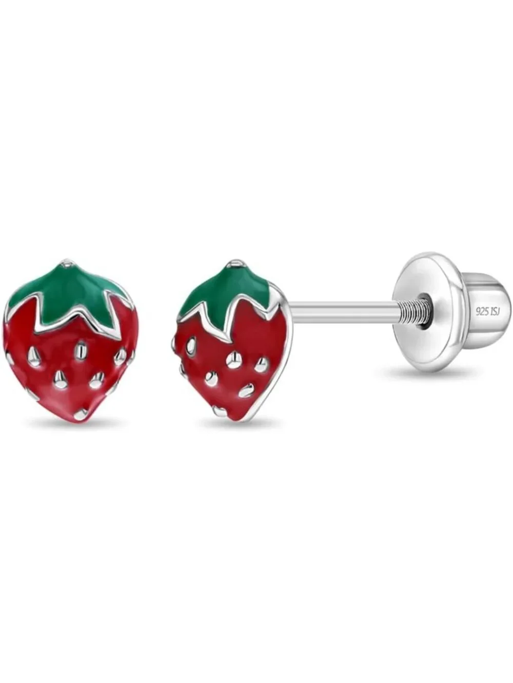 Strawberry Stud Earrings for Kids - 925 Sterling Silver, Secure Screw Backs